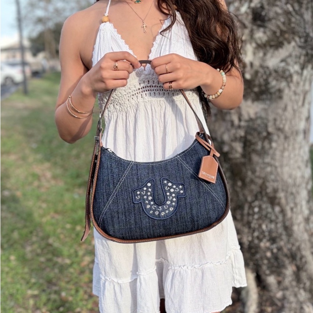 True Religion Blue Denim Shoulder Bag with Brown Trim